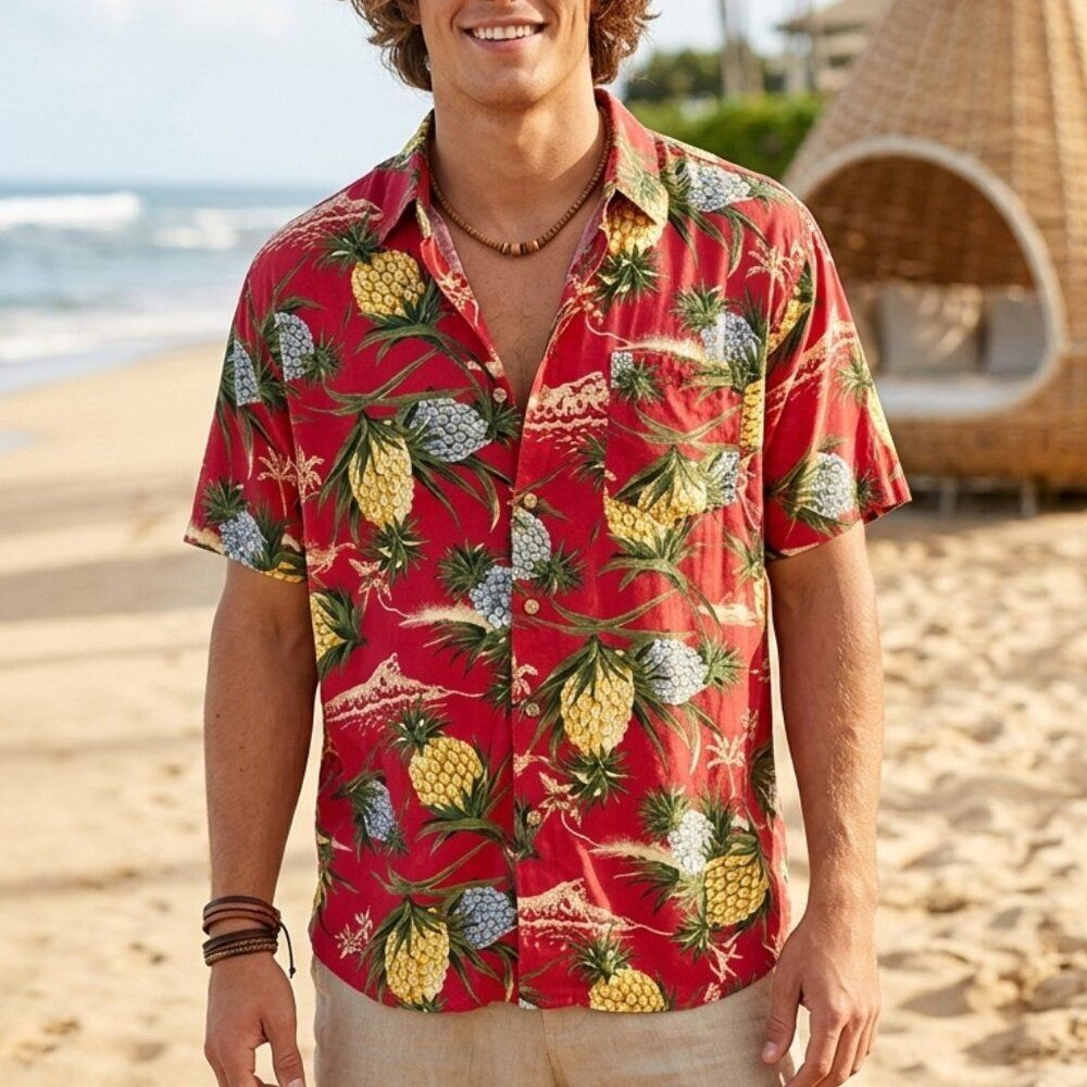 Hana Bay Men’s XL Red Tropical Pineapple Print Short Sleeve Button Up